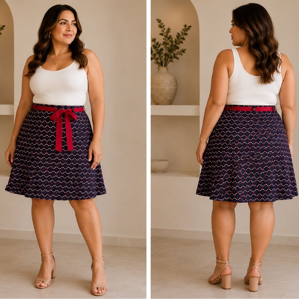 Talbots Petites Silk A-Line Skirt Navy Red Chain Print 14P